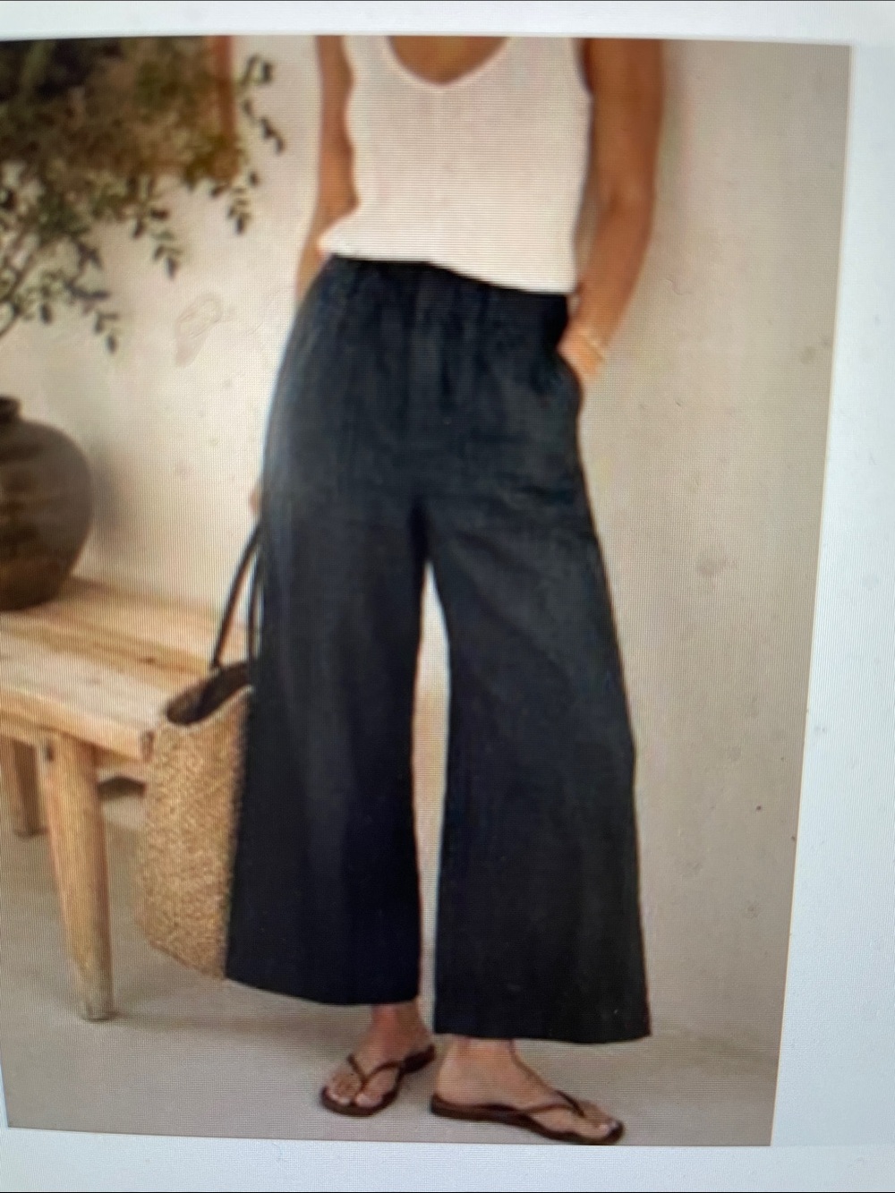 Yfb saidie wide leg linen blend cropped navy trousers